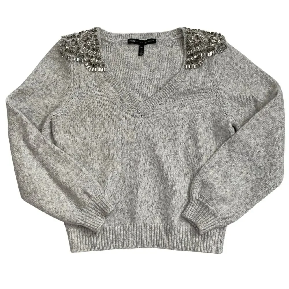 White House Black Market‎ Grey Jeweled Sweater size MP